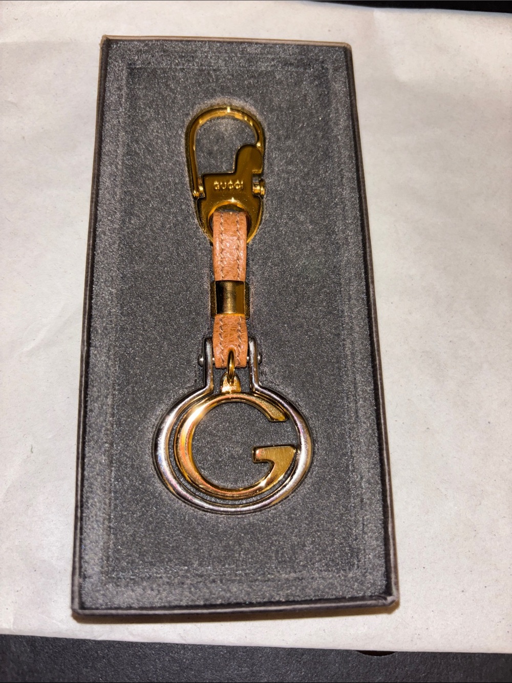 Gucci Gold G Logo Keyring with Tan Leather Strap